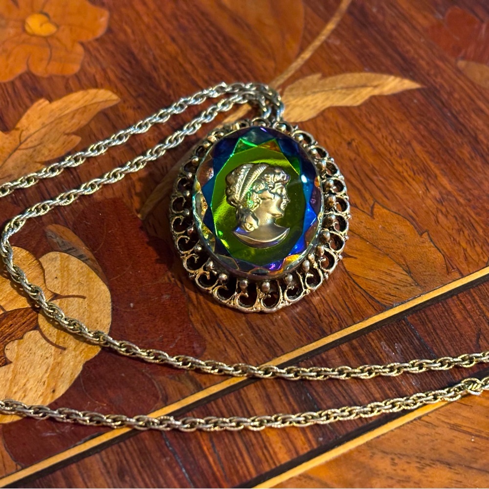 Vintage Iridescent Glass Cameo Brooch Necklace w/ SpringRing Clasp Antique Chain